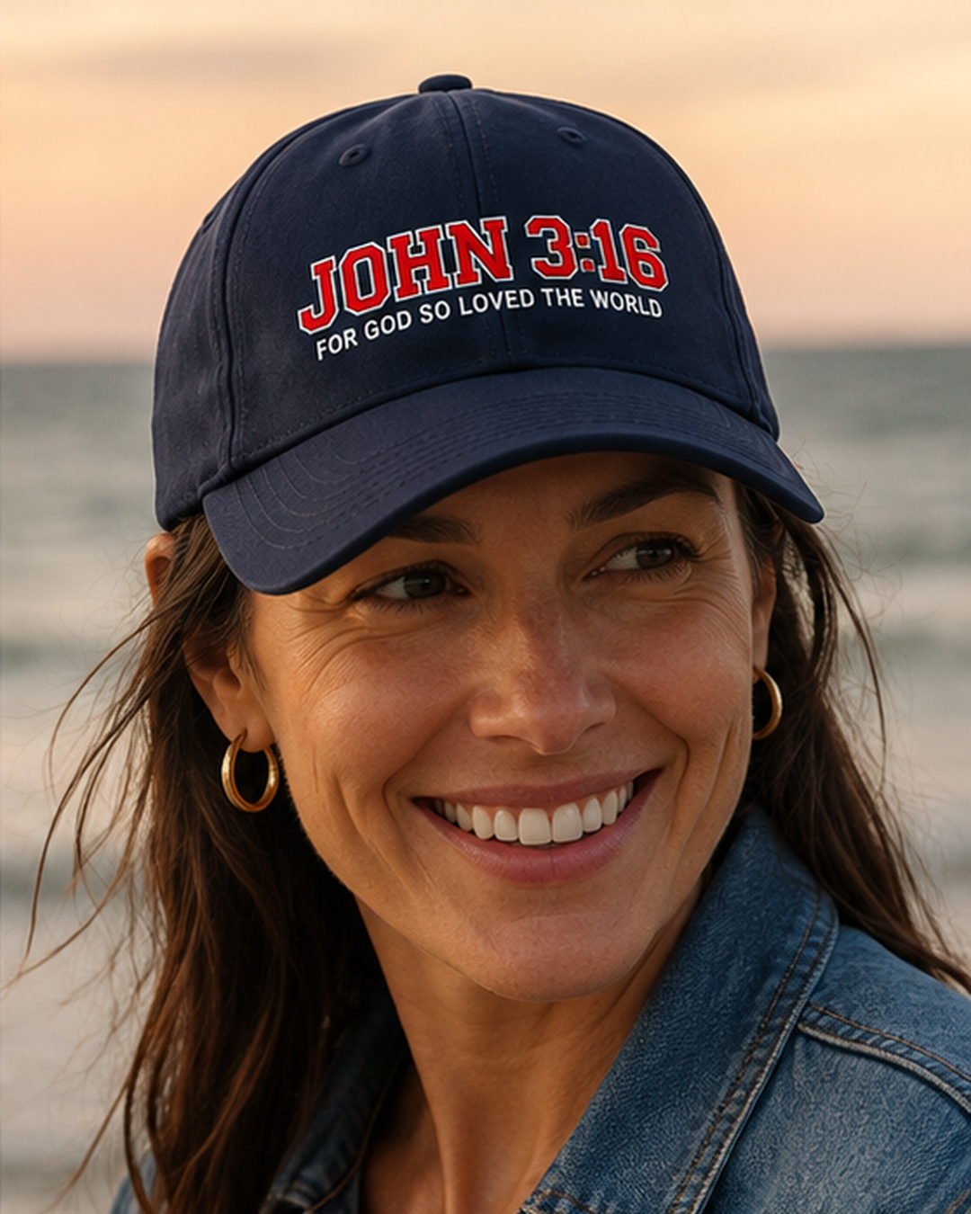 A smiling woman wearing a navy blue baseball cap with red and white embroidered text reading 'JOHN 3:16 FOR GOD SO LOVED THE WORLD' stands outdoors against a soft beach sunset background.