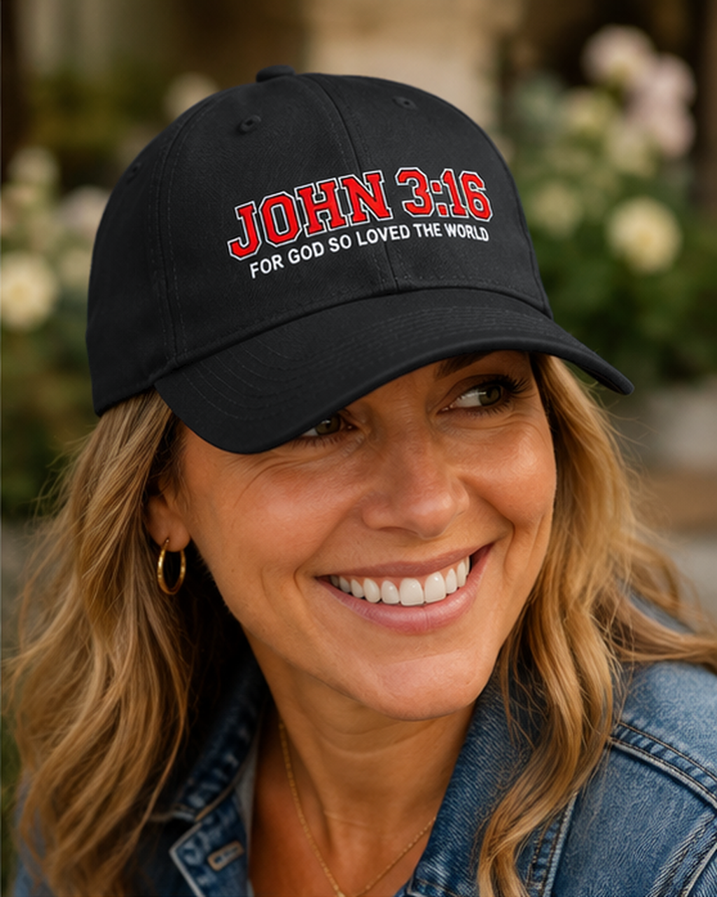 A smiling woman wearing a dark grey Christian baseball cap with red and white John 3:16 and ‘For God So Loved the World’ embroidery in an outdoor lifestyle setting.