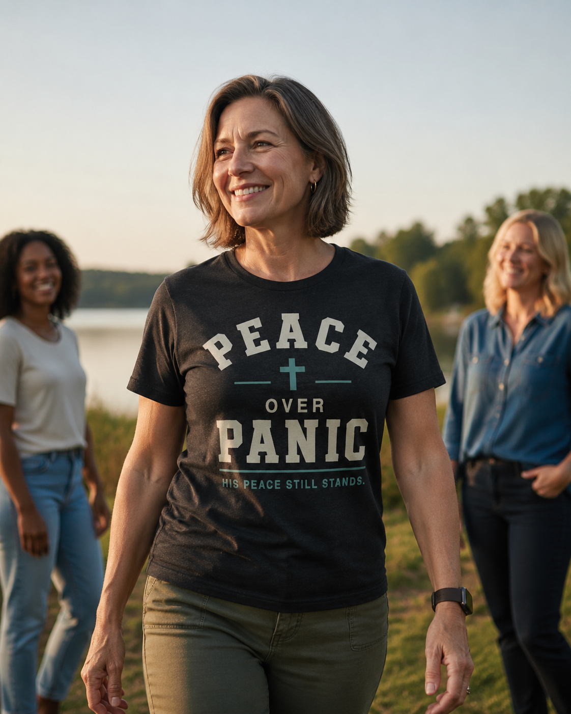 Peace Over Panic cross graphic T-shirt | faith typography, calming message