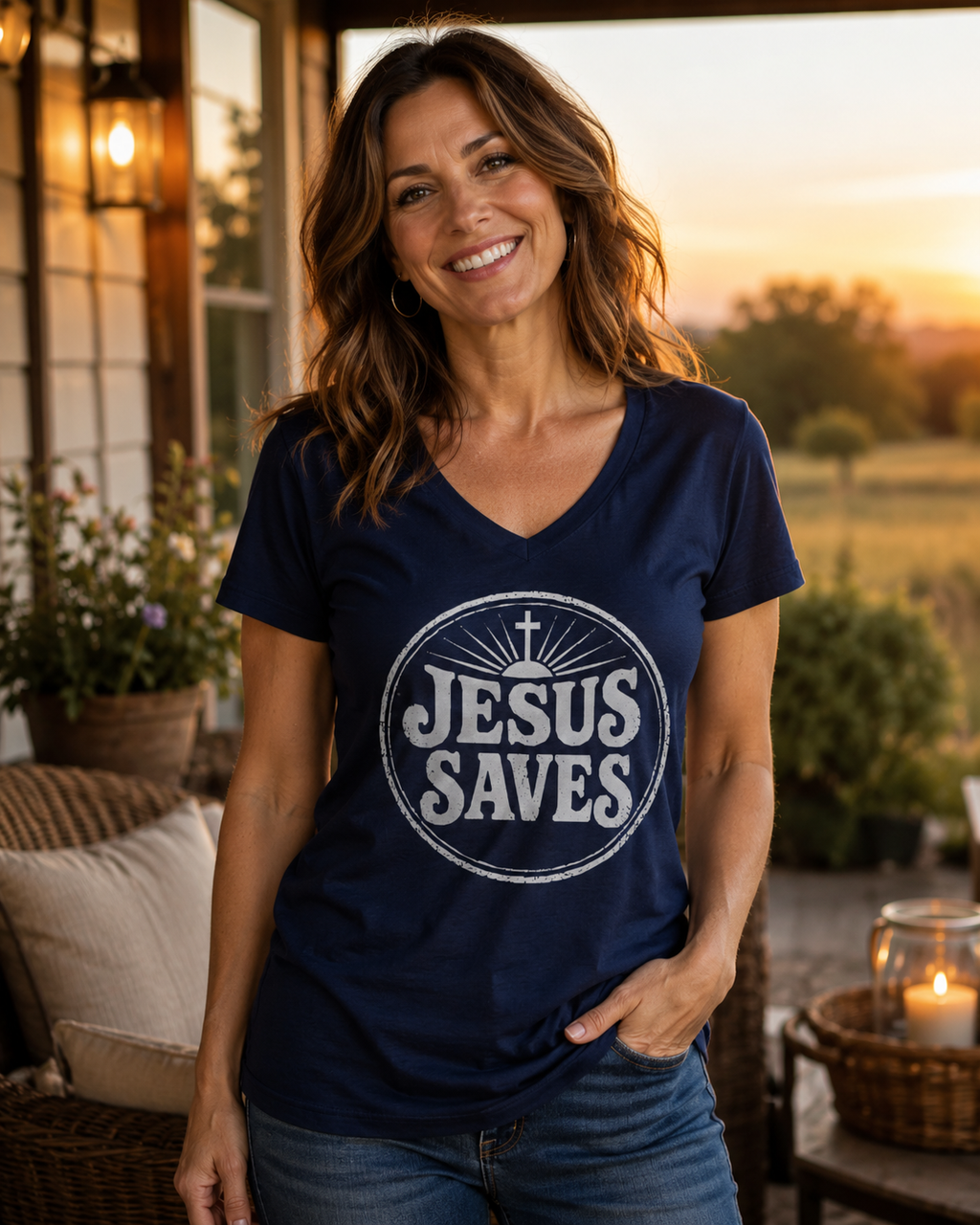 Jesus Saves V‑Neck T‑Shirt — Vintage Faith Graphic Tee