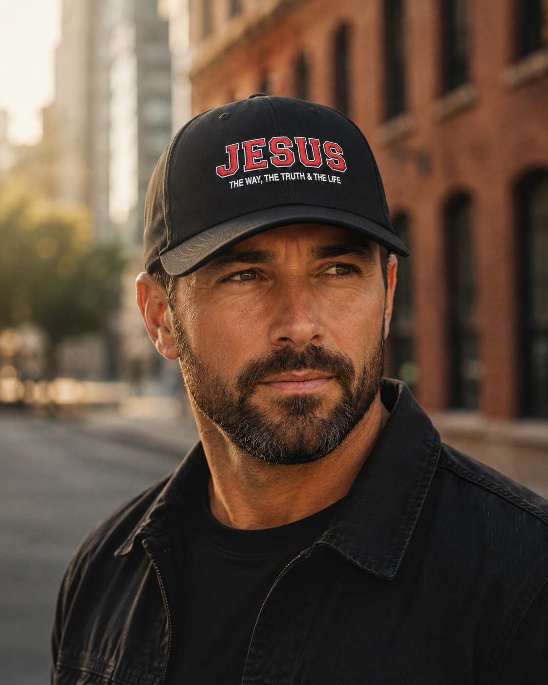 Man wearing a black Jesus Christian baseball hat with John 14:6 inspired embroidery in a downtown setting