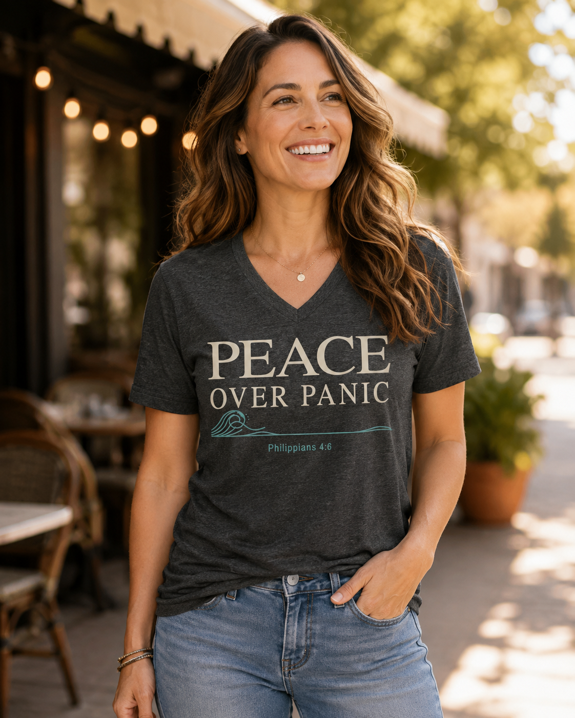 Peace Over Panic V-Neck Tee — Christian Faith Calm Shirt (Philippians 4:6)