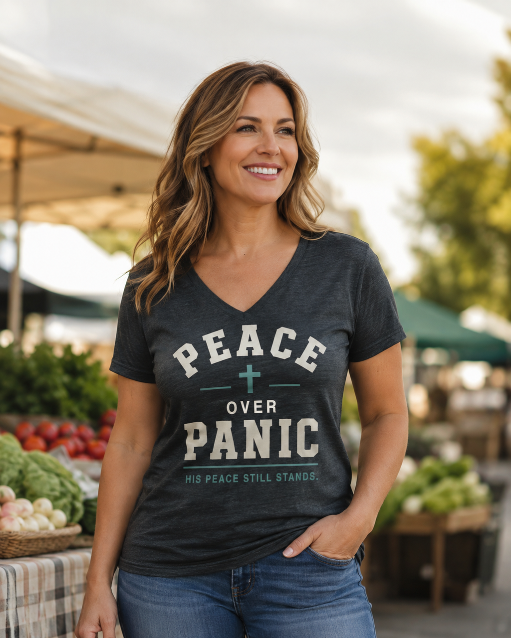 Peace Over Panic V-Neck Tee — Christian Faith Top with Cross (His Peace Still Stands)