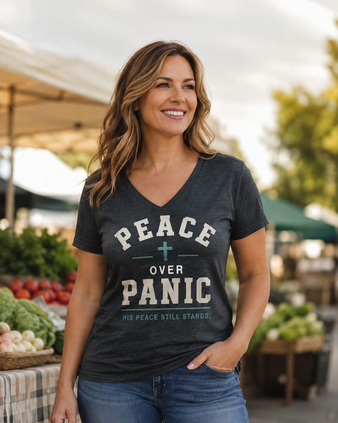 Peace Over Panic V-Neck Tee — Christian Faith Top with Cross (His Peace Still Stands)