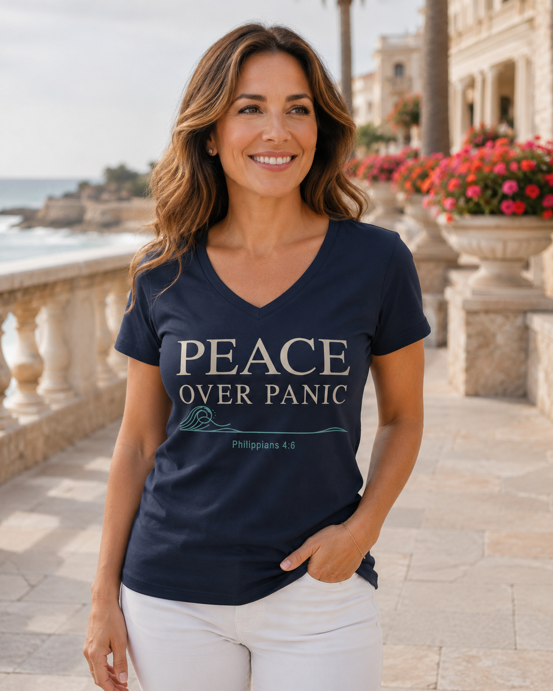 Peace Over Panic V-Neck Tee — Christian Faith Calm Shirt (Philippians 4:6)
