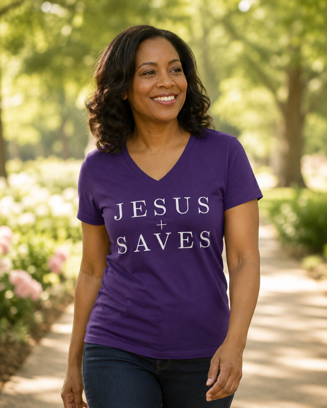 Jesus Saves V-Neck Tee — Christian Faith Graphic T-Shirt