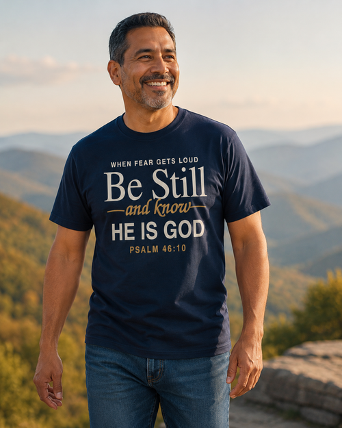 A smiling man wearing a navy blue graphic t-shirt with the text 'Be Still and know HE IS GOD Psalm 46:10' printed on the front, set against a scenic mountain background.